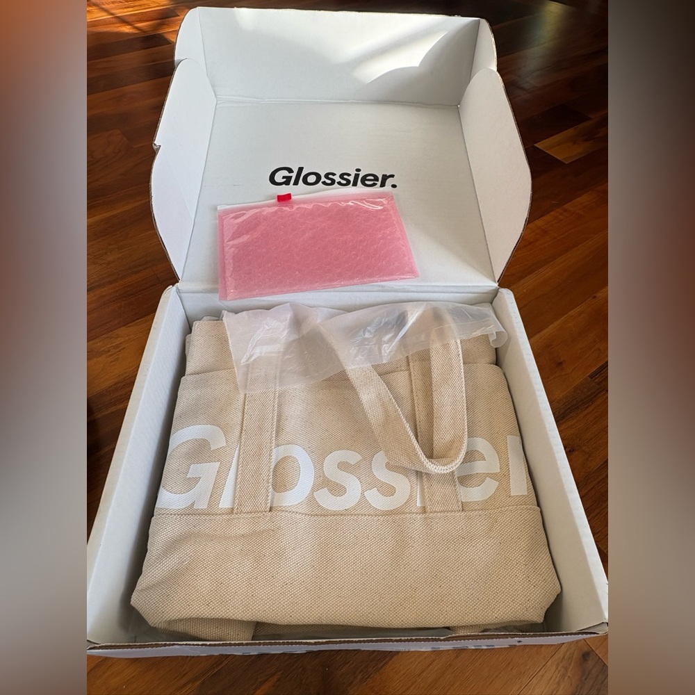 Glossier Canvas Utility Tote with Pink Pouch, NEW